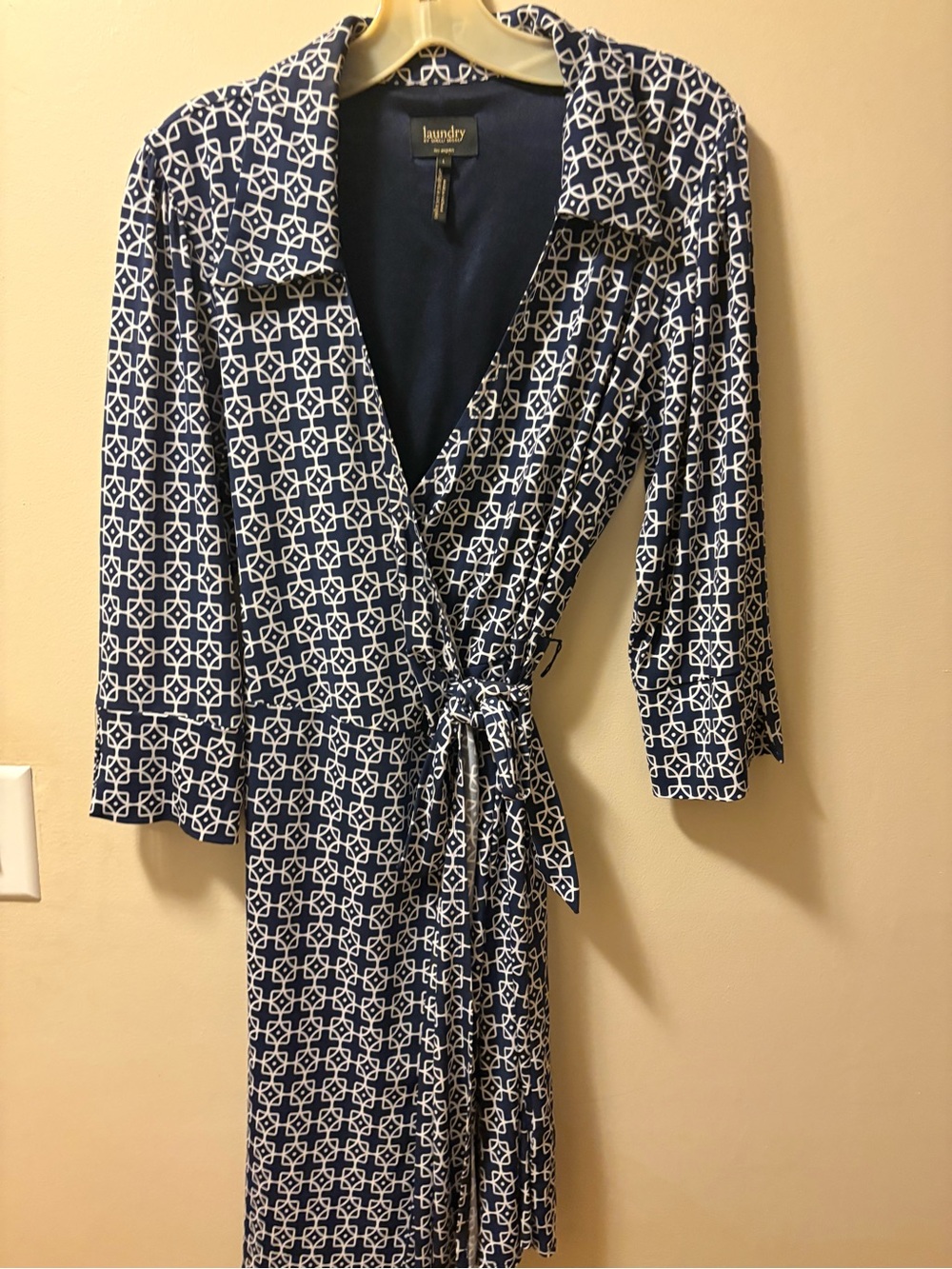 Laundry by Shelli Segal Navy Ivory Geometric Wrap Dress Size L